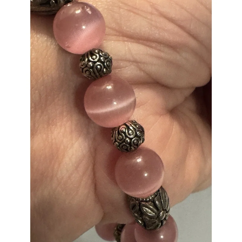 Stretch Silver Tone and Pink Beaded Bracelet Rose Fairy Boho‎ Cottage Feminine
